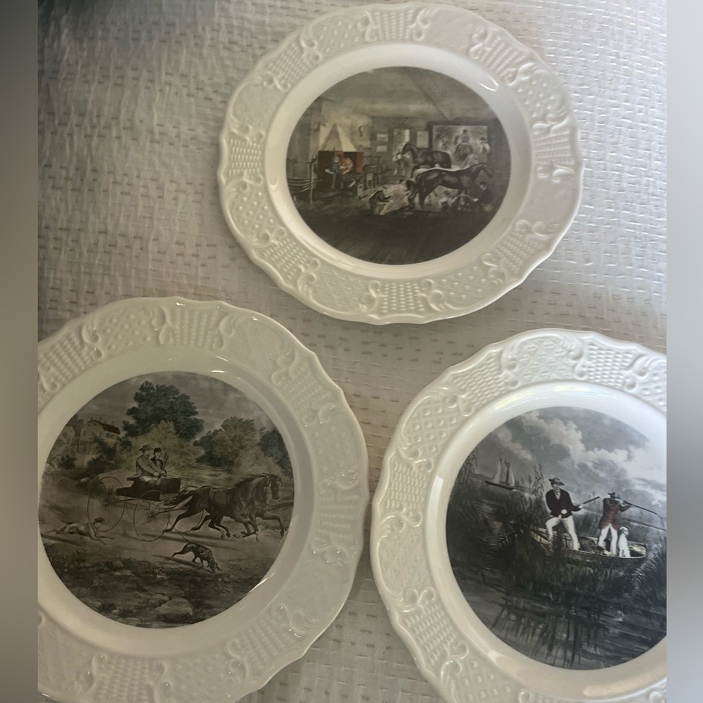 Vintage White Decorative Plate with Fishing Scene